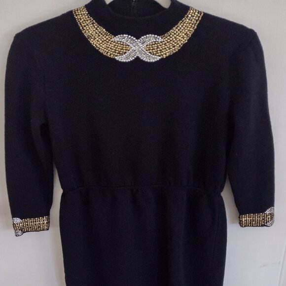 St John Evening Black Beaded Knit Dress - Picture 3 of 8